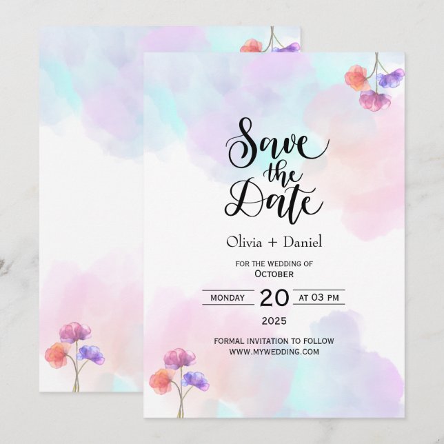 Delikate Einladungen für Hochzeiten in Rosa und Bl (Vorne/Hinten)