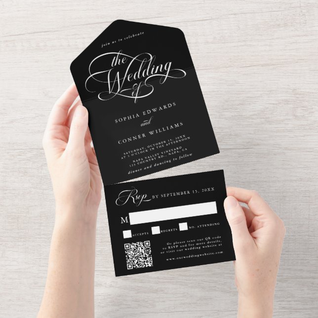 Delikate Elegante Script Wedding Black All In One Einladung (Abreißen)