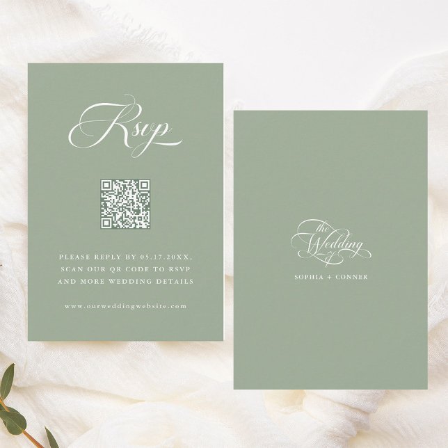 Delikate, elegante Script Wedding Sage Green RSVP Karte (Front & Back)