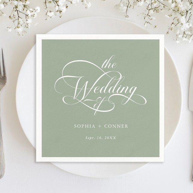 Delikate, elegante Script Wedding Sage Green Serviette (Von Creator hochgeladen)