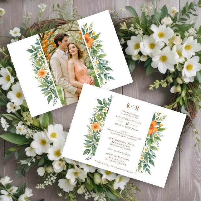 Delikate Garland Azahar Orangenblüten & Grüne Einladung (Decorative and Delicate Garland Azahar Orange Blossom & Greenery Photo Wedding Invitations Cards.)