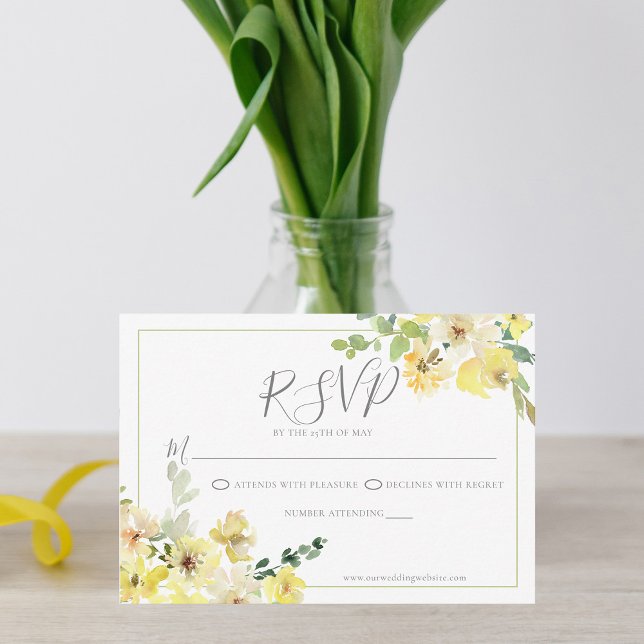 Delikate gelbe Blumenzange Grüne Sommerhochzeit RSVP Karte (Von Creator hochgeladen)