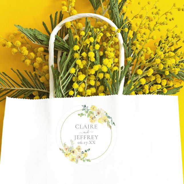 Delikate gelbe Blumenzange Grüne Sommerhochzeit Runder Aufkleber (Von Creator hochgeladen)