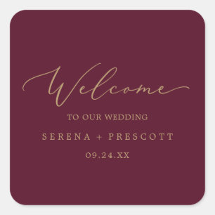 Delikate Gold Calligraphy Burgundy Wedding Willkom Quadratischer Aufkleber