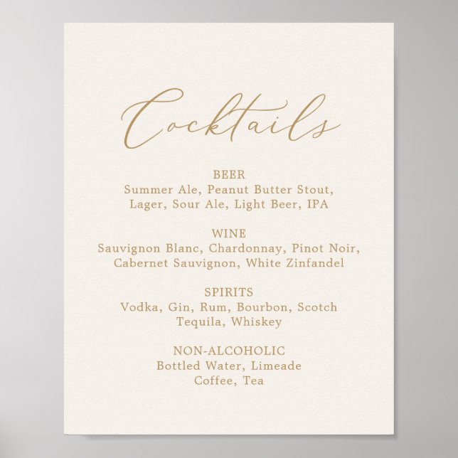 Delikate Gold Calligraphy Cream Cocktails Menü Poster (Vorne)