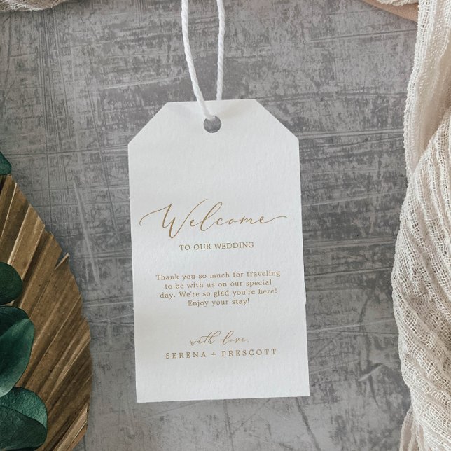 Delikate Gold Calligraphy Wedding Willkommen Geschenkanhänger (Von Creator hochgeladen)