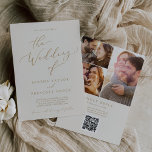 Delikate Gold Cream Foto Collage QR Code Hochzeit Einladung<br><div class="desc">Diese zarte Gold und Creme Foto Collage QR Code Hochzeitseinladung ist perfekt für eine moderne Hochzeit. Das romantische minimalistische Design besticht durch eine hübsche und elegante Champagner-goldgelbe Typografie auf Elfenbein-Creme-Hintergrund mit einem klaren und schlichten Look. Personalisieren Sie Ihre Einladung mit 3 Verlobungen Fotos auf der Rückseite. Fügen Sie Ihren Gästen...</div>