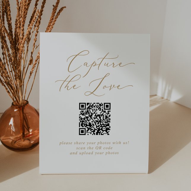 Delikate Gold erfassen die Liebe QR Code Hochzeit Sockelschild (Von Creator hochgeladen)