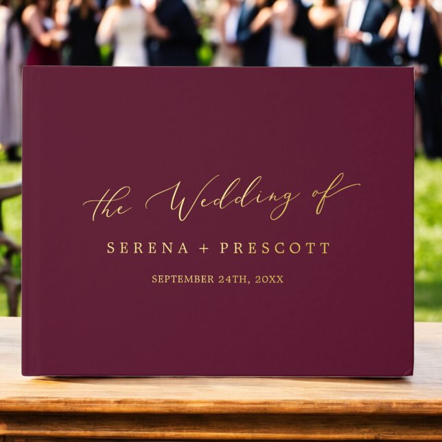Delikate Gold Foil Burgundy Monogram Back Wedding Gästebuch (Delicate Gold Foil Burgundy Monogram Back Wedding Foil Guest Book)