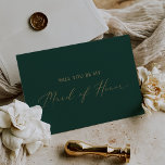 Delikate Gold Green Trauzeugin Vorschlag Card Einladung<br><div class="desc">Diese delikate Gold- und Green-Trauzeugin-Angebotskarte ist perfekt für eine moderne Hochzeit. Das romantische minimalistische Design besticht durch eine hübsche und elegante Champagner-goldgelbe Typografie auf smaragdgrünem Hintergrund mit einem klaren und schlichten Look. Passen Sie die Karte mit dem Namen der Braut und der Trauzeugin an. Personalisieren Sie die Rückseite der Karte...</div>