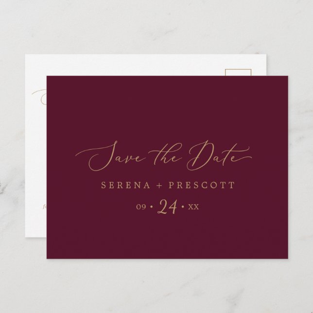 Delikate Gold und Burgund Save the Date Postkarte (Vorne/Hinten)
