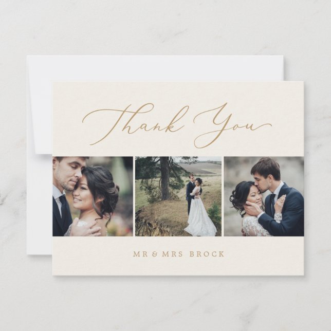 Delikate Gold- und Creme-3-Fotovorlage Dankeskarte (Vorderseite)