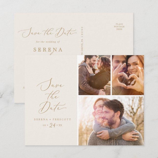 Delikate Goldcreme 3 FotoCollage Save the Date Einladungspostkarte (Vorne/Hinten)
