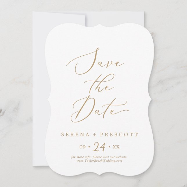 Delikate Goldkalligrafie-Hochzeit Save The Date (Vorderseite)