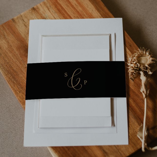 Delikate Goldkalligraphie | Black Monogram Wedding Einladungsbanderole (Von Creator hochgeladen)