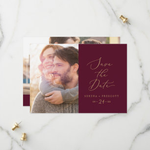 Delikate Goldkalligraphie   Burgund-Foto Save The Date