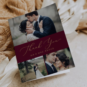 Delikate Goldkalligraphie Burgundi 3 Foto Collage Dankeskarte