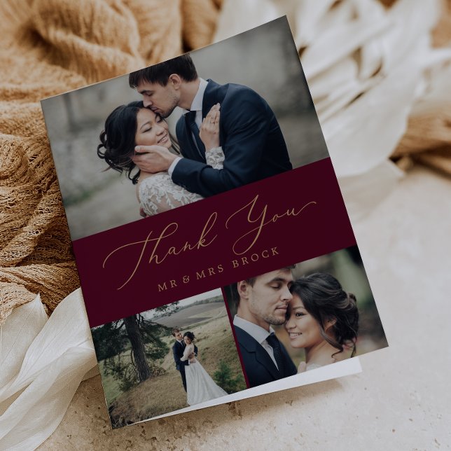 Delikate Goldkalligraphie Burgundi 3 Foto Collage Dankeskarte (Von Creator hochgeladen)