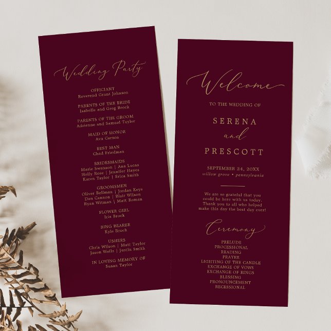 Delikate Goldkalligraphie | Burgundy Wedding Programm (Von Creator hochgeladen)