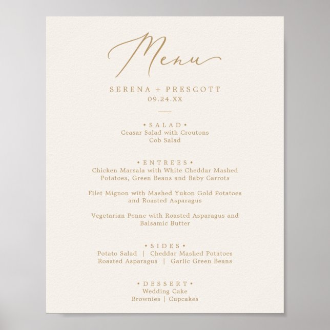 Delikate Goldkalligraphie | Cream Wedding Menu Poster (Vorne)