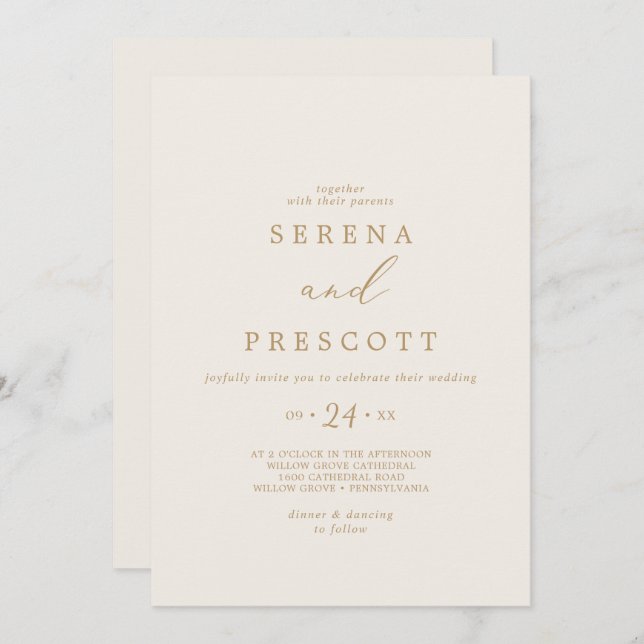 Delikate Goldkalligraphie | Lässige Hochzeit mit C Einladung (Vorne/Hinten)