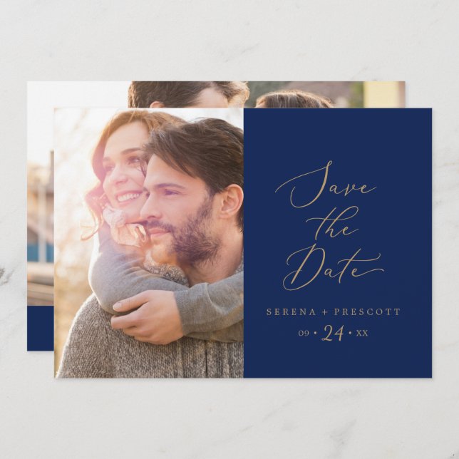 Delikate Goldkalligraphie | Navy Foto Save The Date (Vorne/Hinten)