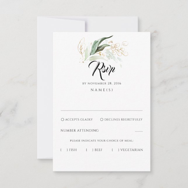 Delikate Greenery und Gold Blätter Hochzeit RSVP (Vorderseite)