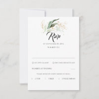Delikate Greenery und Gold Blätter Hochzeit RSVP