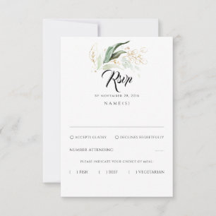 Delikate Greenery und Gold Blätter Hochzeit RSVP Karte