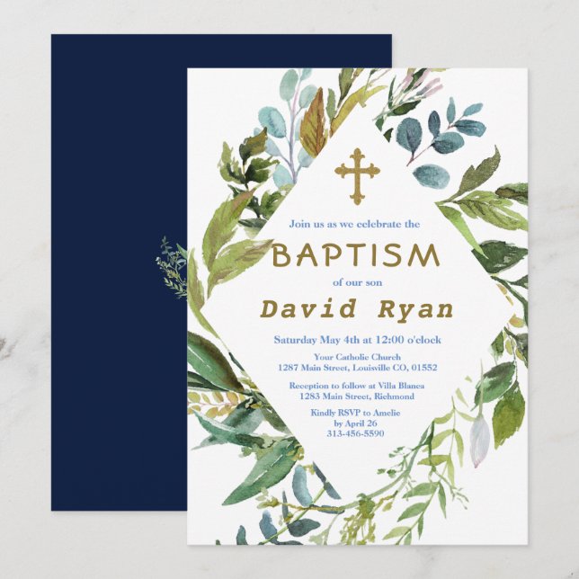 Delikate Grünrahmen Geometrische Boy-Taufe Einladung (Vorne/Hinten)