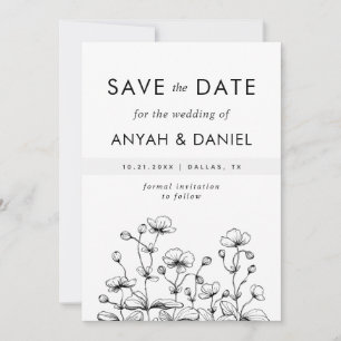 Delikate, handgezogene wilde Blume Schwarz-weiße N Save The Date