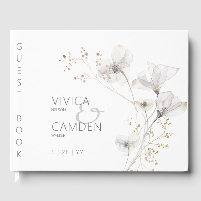 Delikate Hochzeit in weißem Grau & Gold Gästebuch (Vorderseite)