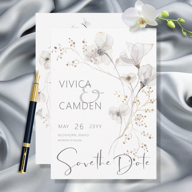 Delikate Hochzeit in weißem Grau & Gold Save The Date (Von Creator hochgeladen)