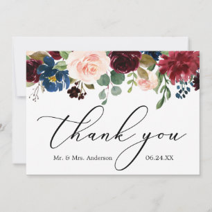 Delikate Kalligrafie Burgundy Blue Floral Wedding Dankeskarte