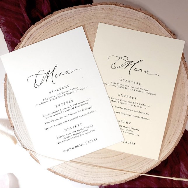 Delikate Kalligrafie Moderne romantische Hochzeit Menükarte (5x7 wedding menu with calligraphy and space for name tags—perfect for personal place settings.)