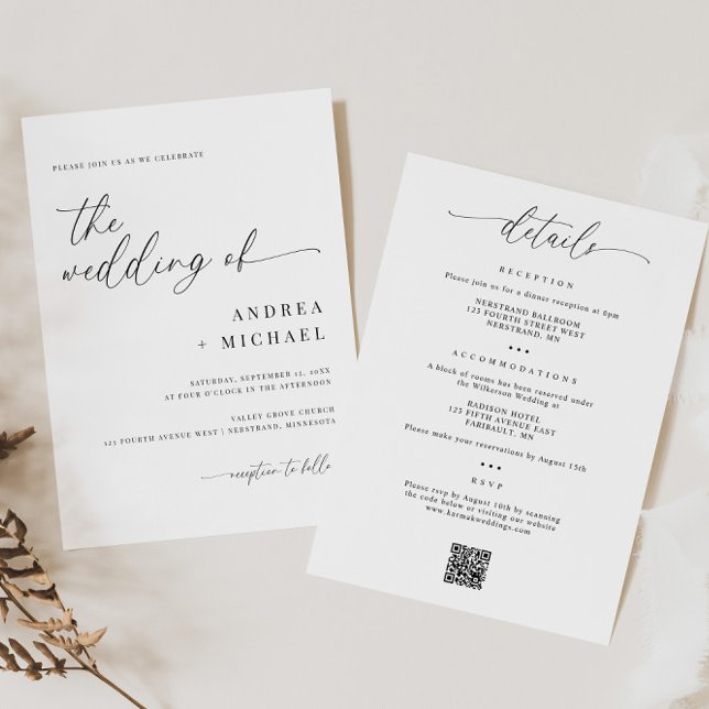 Delikate Kalligraphie in einer modernen Hochzeit Einladung (Delicate Calligraphy Wedding Invitation with Details on Back - Simple Modern All in One Invitation)