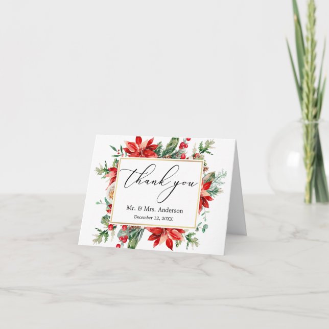 Delikate Kalligraphie Poinsettia-Hochzeitstil Dankeskarte (Vorderseite)