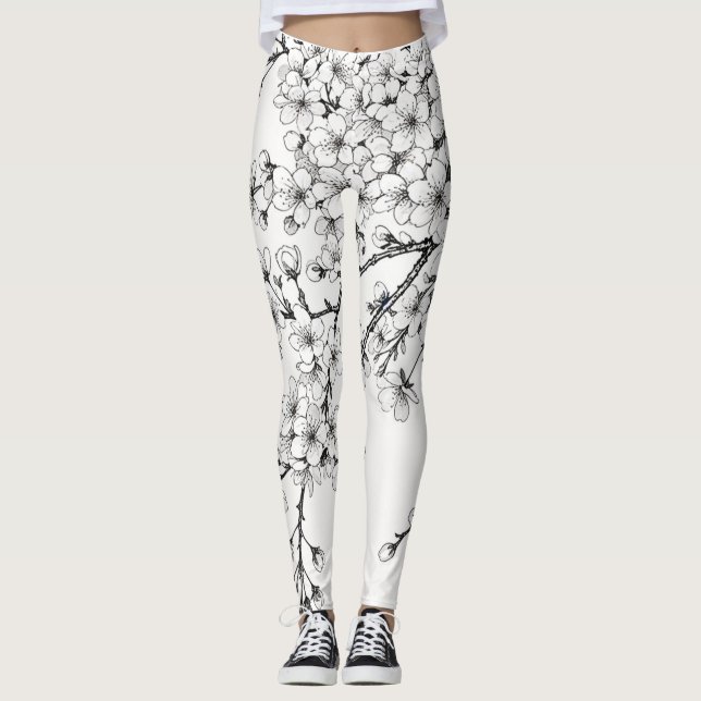 Delikate Kirschblossom Kunst in Monochrom Leggings (Vorderseite)