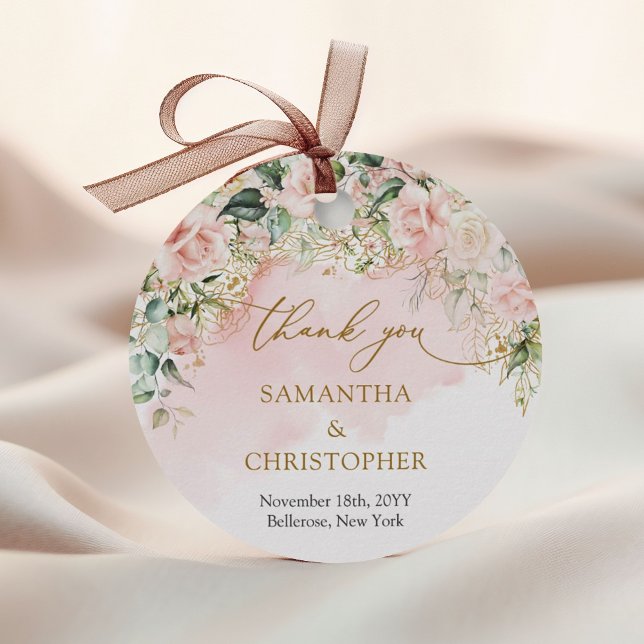 Delikate Kokette Rosen Rosen Gold und Grün Geschenkanhänger (Delicate pastel pink roses greenery and gold wedding favor tag)