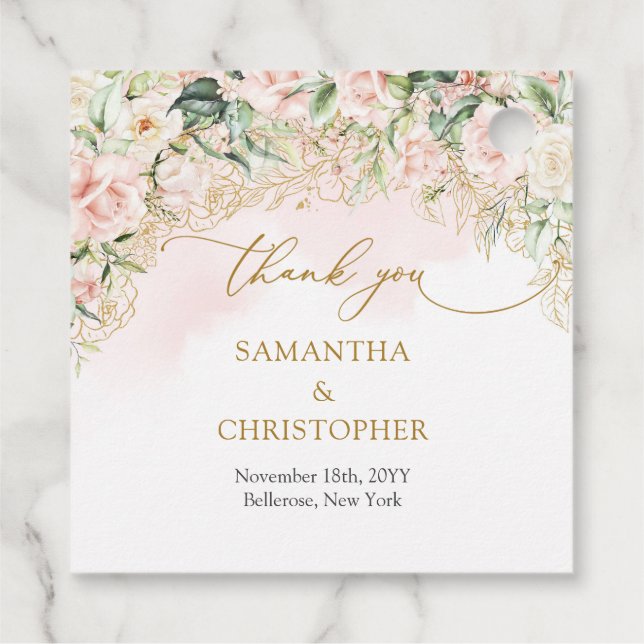 Delikate Kokette Rosen Rosen Gold und Grün Geschenkanhänger (Rückseite)