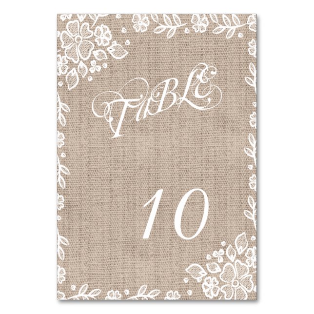 Delikate Lace Burlap Rustic Wedding Tischnummern (Vorderseite)