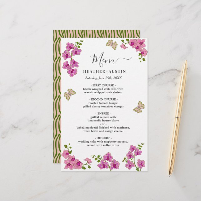Delikate Lila Orchideen Hochzeitsmenü Briefpapier (Vorderseite/Rückseite Beispiel)