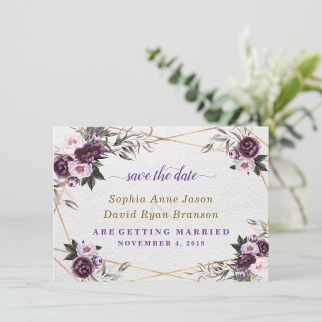 Delikate Lila Pink Peony Blume Gold Wedding Save The Date (Stehend Vorderseite)