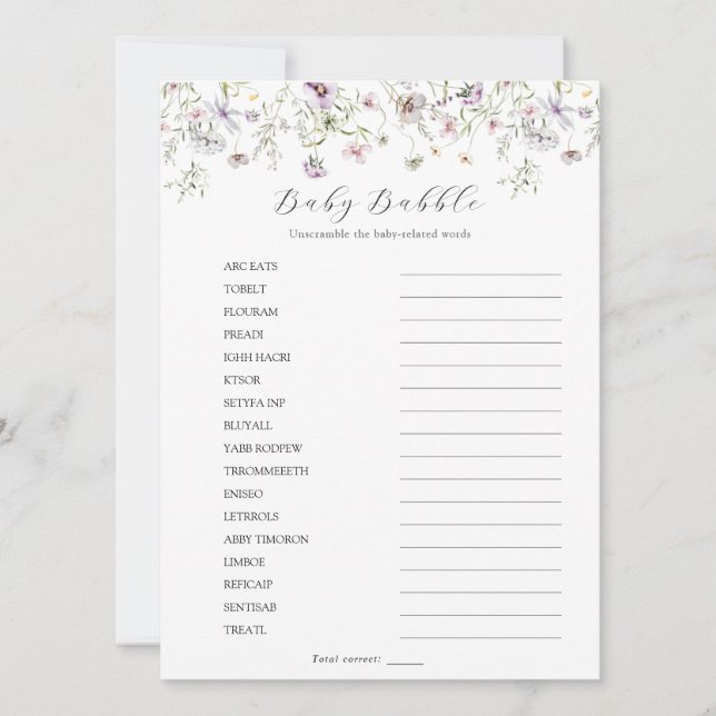 Delikate Lila Wildblume Baby Babble Scramble Einladung (Vorderseite)