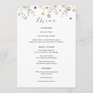 Delikate Lila Wildblume-Hochzeitmenü Menükarte