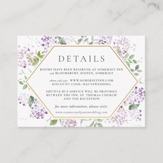 Delikate Lilac Blumengrün Details Hochzeiten Begleitkarte (Vorderseite)