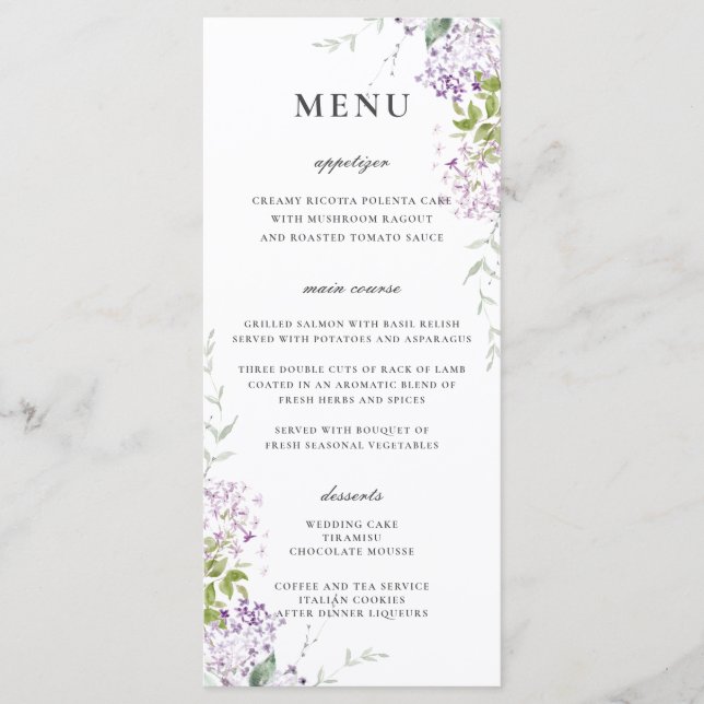 Delikate Lilac Lila Blumengrün Hochzeitsmenü Programm (Vorderseite)