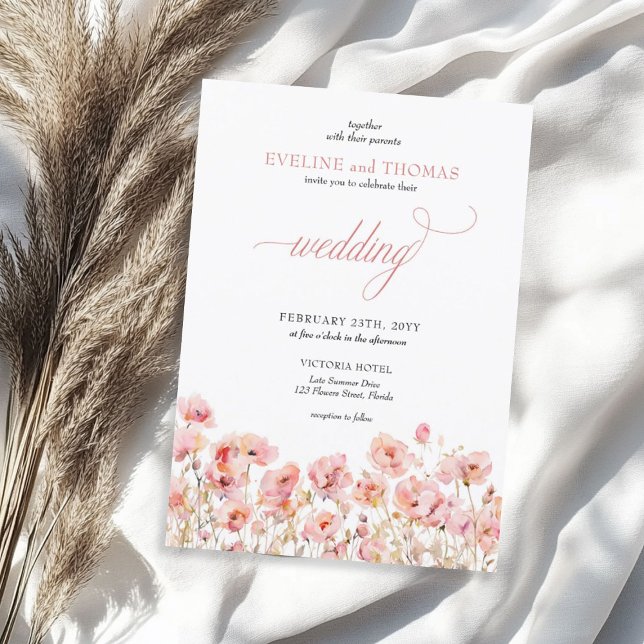 Delikate minimalistische boho sommerrosa Wildblume Einladung (Delicate minimalist boho summer pink wildflowers invitation)