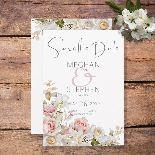 Delikate Moderne rosa Rose & Lily Wedding Save The Date (Von Creator hochgeladen)
