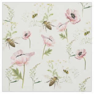 Delikate Mohn, Bienen, Wildblume Aquarell Stoff